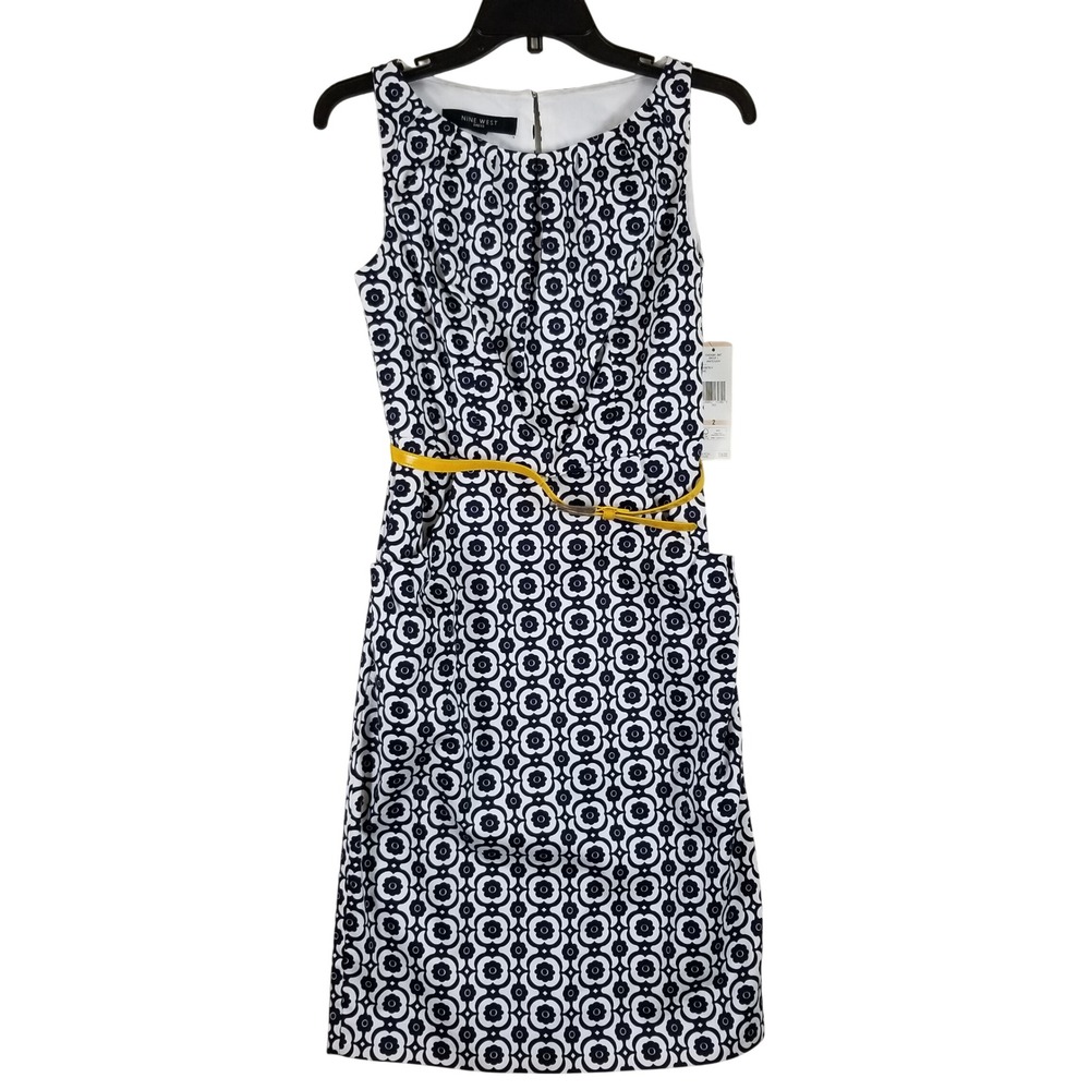 Nine West Sheath Dress Womens 2 Navy White Floral Geometric Belted 10404991-3MT